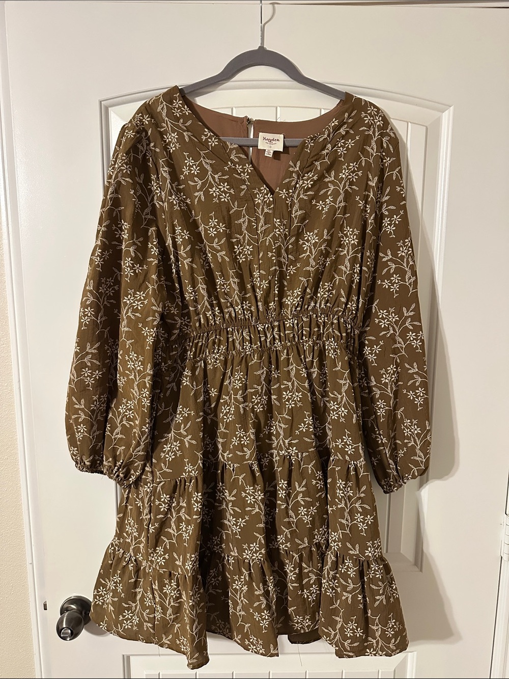 Olive Green Floral Tiered Dress with Elastic Waist